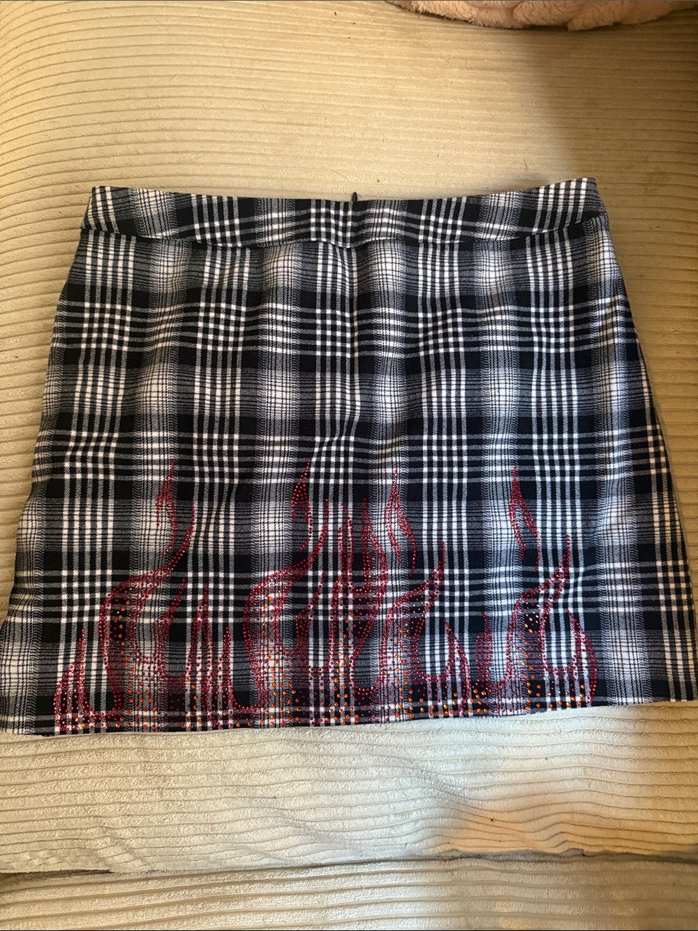 Plaid Mini Skirt with Red Flame Embellishment